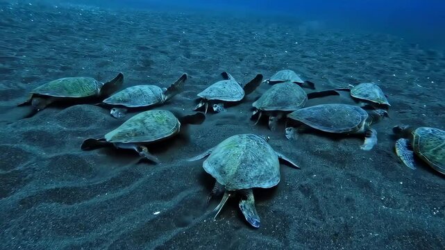 Group of green sea turtles swimming over sandy bottom
