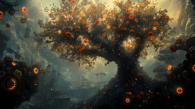 Neon enigma: intricate tree and mechanical flowers in cinematic style. Organic vs. Mechanical Contrast. Illustration