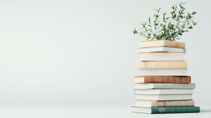 A stylish stack of books with a small plant on top, perfect for enhancing a cozy or intellectual atmosphere in a modern living space.