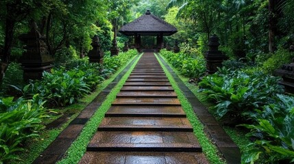 Tranquil garden path leading to gazebo, lush greenery