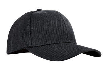 Black baseball cap isolated on a transparent background. Classic and stylish curved brim hat for...