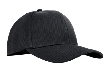 Black baseball cap isolated on a transparent background. Classic and stylish curved brim hat for casual wear, sports, and branding.