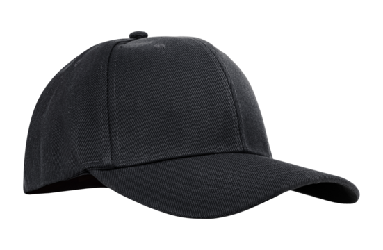 Black baseball cap isolated on a transparent background. Classic and stylish curved brim hat for casual wear, sports, and branding.
