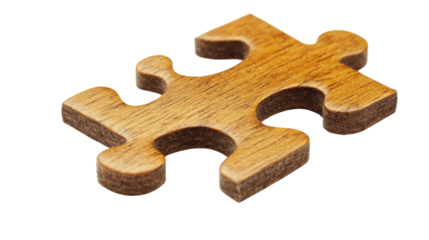 Single wooden jigsaw puzzle piece isolated on transparent background