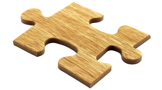 Single wooden jigsaw puzzle piece on transparent background