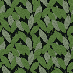 Seamless botanical design pattern with leaves and branches. Tropical seamless pattern with palm leaves, charming green wallpaper, for print, fabric, decor, background