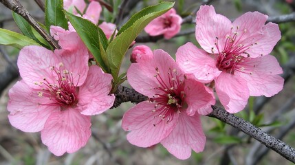 Obraz premium Close-up of three delicate pink flowers on a branch with green leaves.