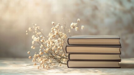 Elegant stacked notebooks with dried flowers on stone surface
