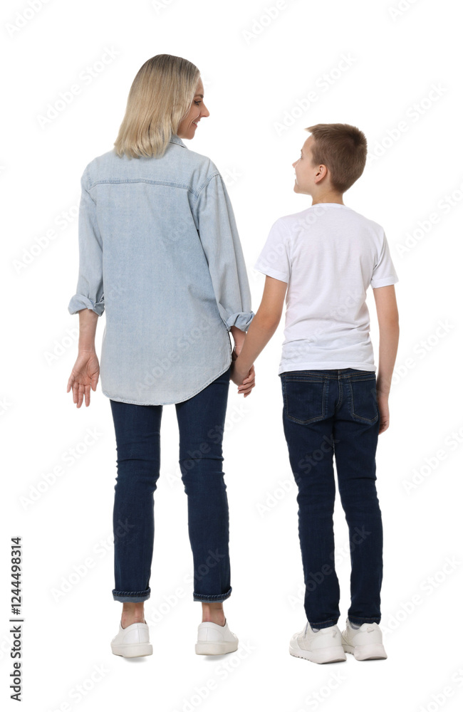 Canvas Prints Mother and son on white background, back view