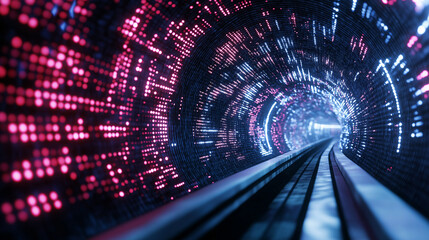 A high-tech tunnel made of glowing, interconnected lines and floating numbers, representing the future of big data and artificial intelligence.