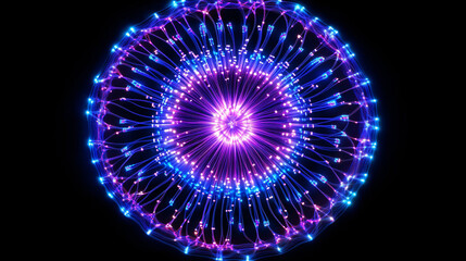 a mesmerizing abstract circular structure with glowing purple and blue lights radiating from the center against a dark background
