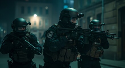 Police special forces team conducting night operation in urban area. SWAT officers in tactical gear with assault rifles. Law enforcement emergency response mission in dark city environment