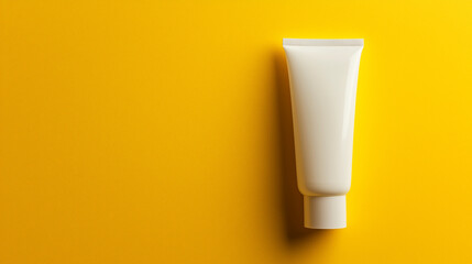 A pristine white tube of cream sits on a plain bright yellow background, creating a bold contrast. Soft lighting highlights the tubeâs sleek design, making it stand out against the