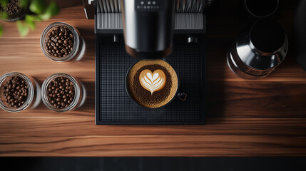 Fototapeta premium Aerial view of a specialty coffee brewing station with an espresso machine, a V60 pour-over setup, coffee beans in glass jars, and a latte with perfect art on a wooden background.