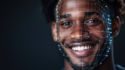 Headshot of a football player with digital computerized lines overlaying and diagramming his face