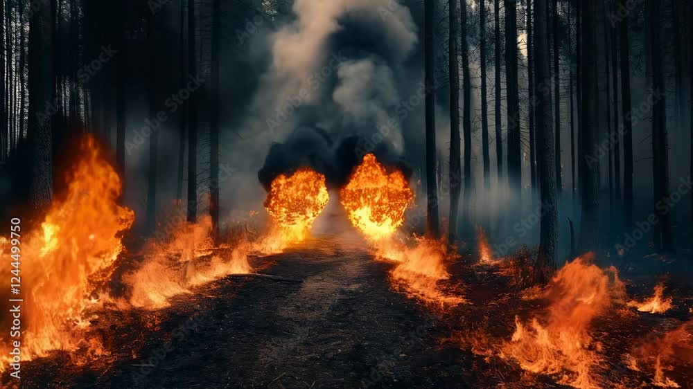 Aufkleber intense flames engulfing trees and underbrush in a forest fire, creating a dense cloud of smoke that