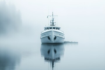 Obraz premium Modern white yacht floating calmly in foggy waters with soft reflections