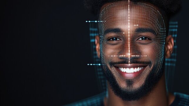 Headshot of a football player with digital computerized lines overlaying and diagramming his face