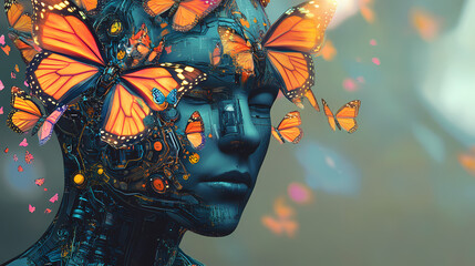 A humanoid figure with butterfly motifs, blending technology and nature. Organic vs. Mechanical Contrast. Illustration
