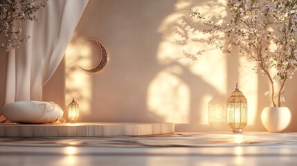 Fototapeta premium A simple and elegant Ramadan podium with soft lighting, featuring Arabic calligraphy, crescent moons, and a festive, calming atmosphere