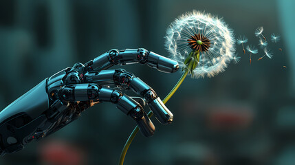 Fototapeta premium A robotic hand delicately holds a dandelion, symbolizing the intersection of technology and nature. Organic vs. Mechanical Contrast. Illustration