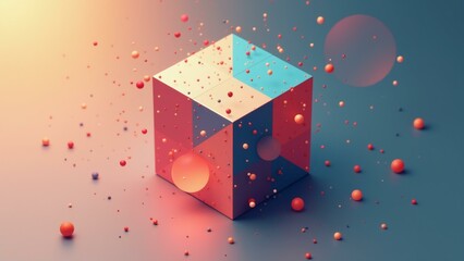 Geometric shapes merge in a sterile studio setting with sophisticated line art.