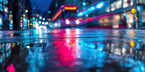 Fototapeta premium A vibrant urban nightscape featuring captivating rain reflections creating a unique scene