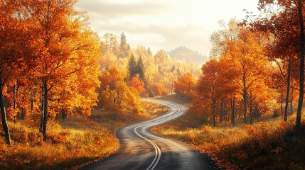 Fototapeta premium Winding road amidst vibrant autumn trees under a soft, golden light, inviting a sense of calm and adventure in nature's beautiful embrace.