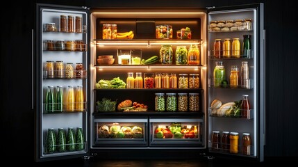 A well-organized refrigerator showcasing a variety of fresh produce, beverages, sauces, and snacks under soft, warm lighting for a cozy feel.