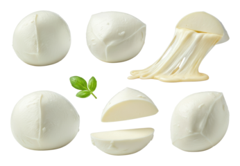 Various forms of fresh mozzarella cheese, some sliced, isolated on transparent background
