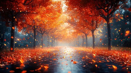 Fototapeta premium A serene autumn pathway lined with vibrant orange trees and falling leaves.