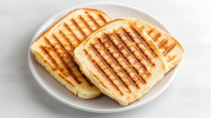 Grilled bread slices on plate, kitchen counter background, breakfast food photography