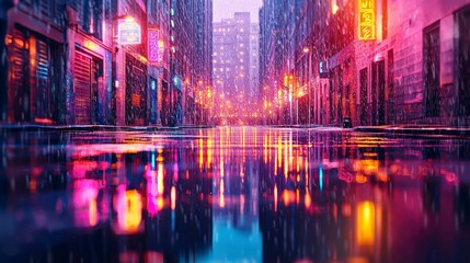 A vibrant city street scene at night, reflecting colorful lights on wet pavement after rain, creating a captivating urban atmosphere.