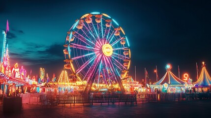 A vibrant night scene featuring a colorful Ferris wheel at an amusement park, illuminated by bright lights, creating a festive and joyful atmosphere.