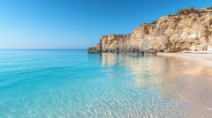 Fototapeta premium Calm turquoise waters wash against golden sands under a clear blue sky on a serene beach