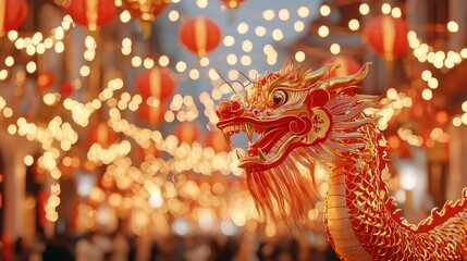 A vibrant dragon statue adorned with intricate details stands proudly amidst glowing lanterns and festive lights, capturing the essence of cultural celebration.