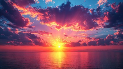 Fototapeta premium A vibrant sunset over a calm ocean, with dramatic clouds and rays of light.