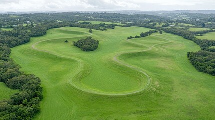Obraz premium Aerial view of curving green landforms, rural landscape background