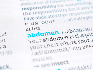 Fototapeta premium Definition of “abdomen” explained. Medical, anatomical, dictionary entry, body, meaning, biological terminology.