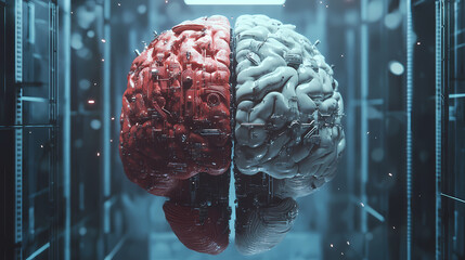 Dual perspective: 3d visualization of mechanical vs. organic brain split. Organic vs. Mechanical Contrast. Illustration