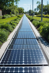 Solar-powered bike paths in an urban environment, combining green energy and modern mobility.