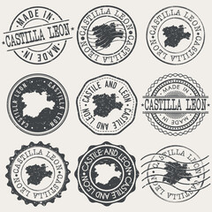 Castile and León, Spain Set of Stamps. Country Travel Marks. Made In Product. Design Seals Old Style Insignia.