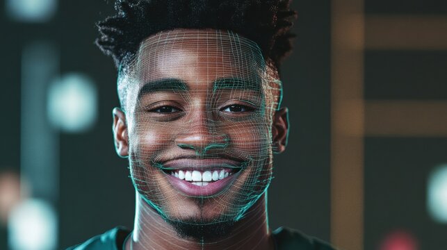 Headshot of a football player with digital computerized lines overlaying and diagramming his face