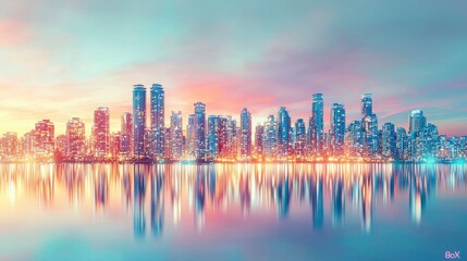 Obraz premium A stunning skyline at twilight, featuring skyscrapers reflecting on calm waters, showcasing modern architecture and vibrant city lights.