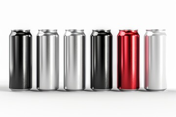 High-quality 3D render of aluminum slim cans in silver, white, black, and red, arranged on an isolated white background, perfect for beer can mockup templates