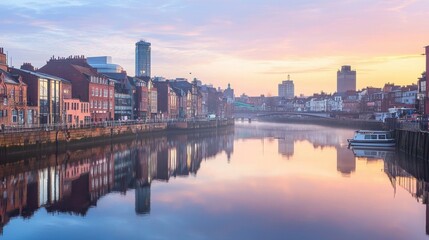 Fototapeta premium City skyline reflects on still water during sunrise with colorful hues illuminating the buildings along the riverbank