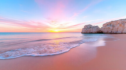 Fototapeta premium Pink sunrise over ocean beach, rock formations, calm waves. Travel brochure use