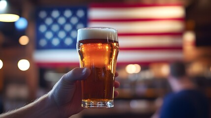 Hand holding a glass of beer with a blurred American flag