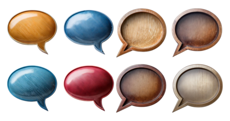 Colorful Wooden Speech Bubbles in Various Shapes and Textures, isolated on transparent background