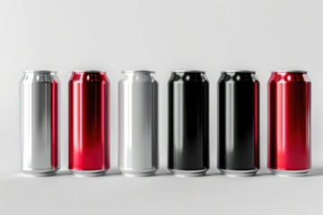 High-quality 3D render of aluminum slim cans in silver, white, black, and red, arranged on an isolated white background, perfect for beer can mockup templates